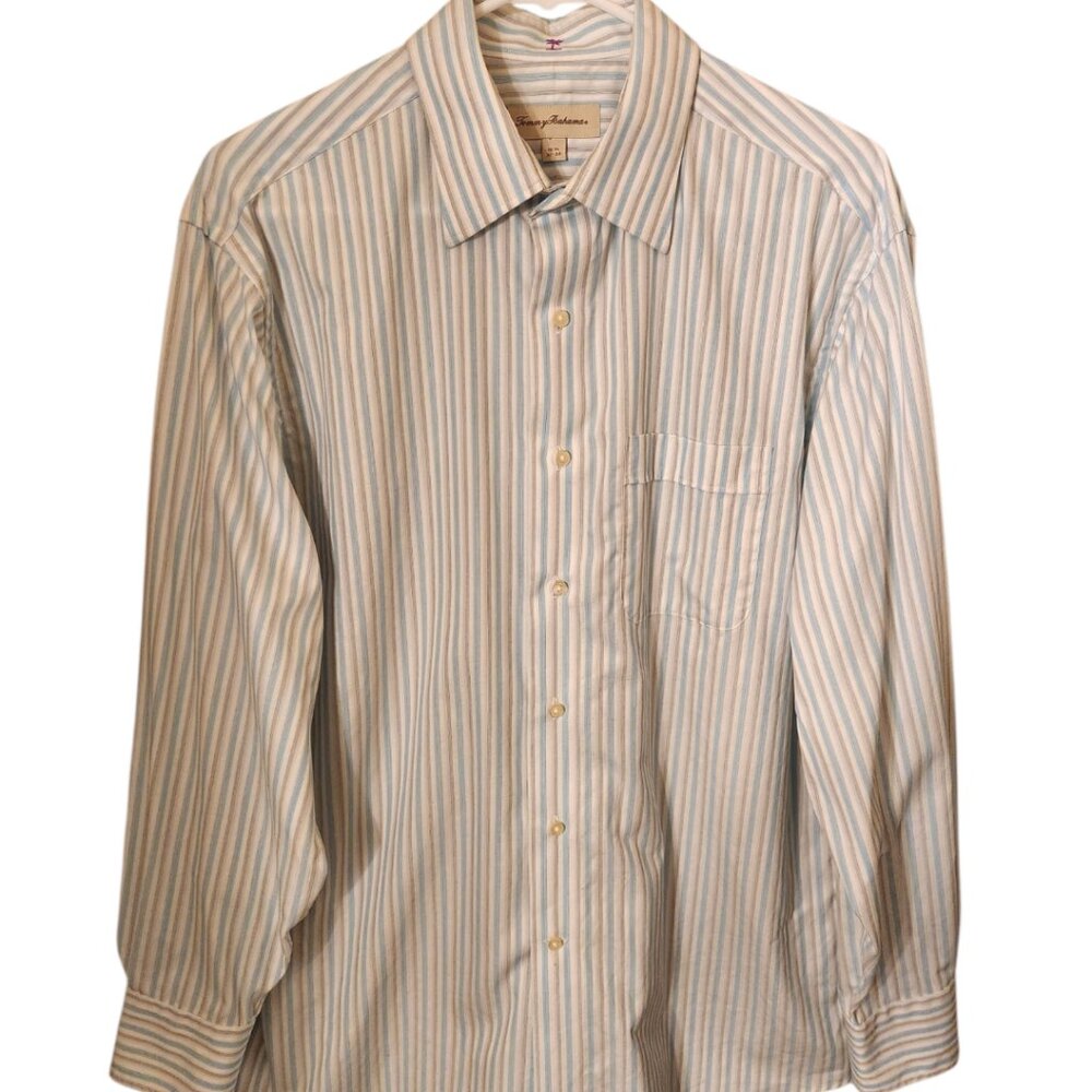 Tommy Bahama Shirt Size 15.5 White Blue Gray Striped Button Up Long Sleeve